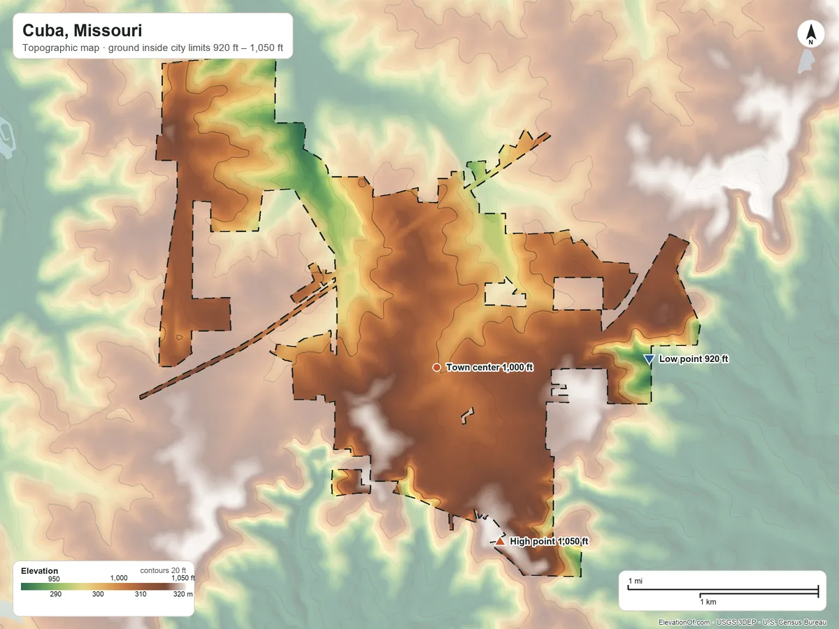 Topographic elevation map of Cuba, Missouri, shaded from 920 ft on the east side to 1,050 ft on the south side