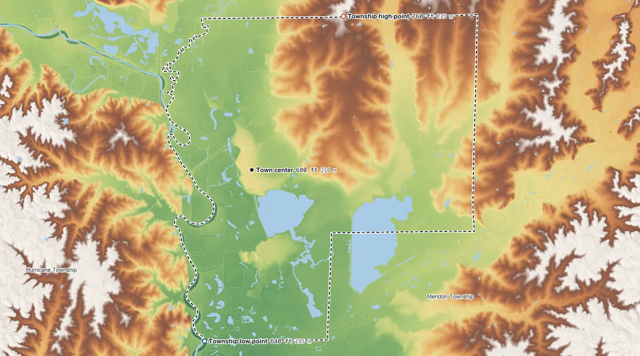 Topographic elevation map of Cunningham Township, Missouri, shaded from 640 ft on the south side to 760 ft on the northeast side