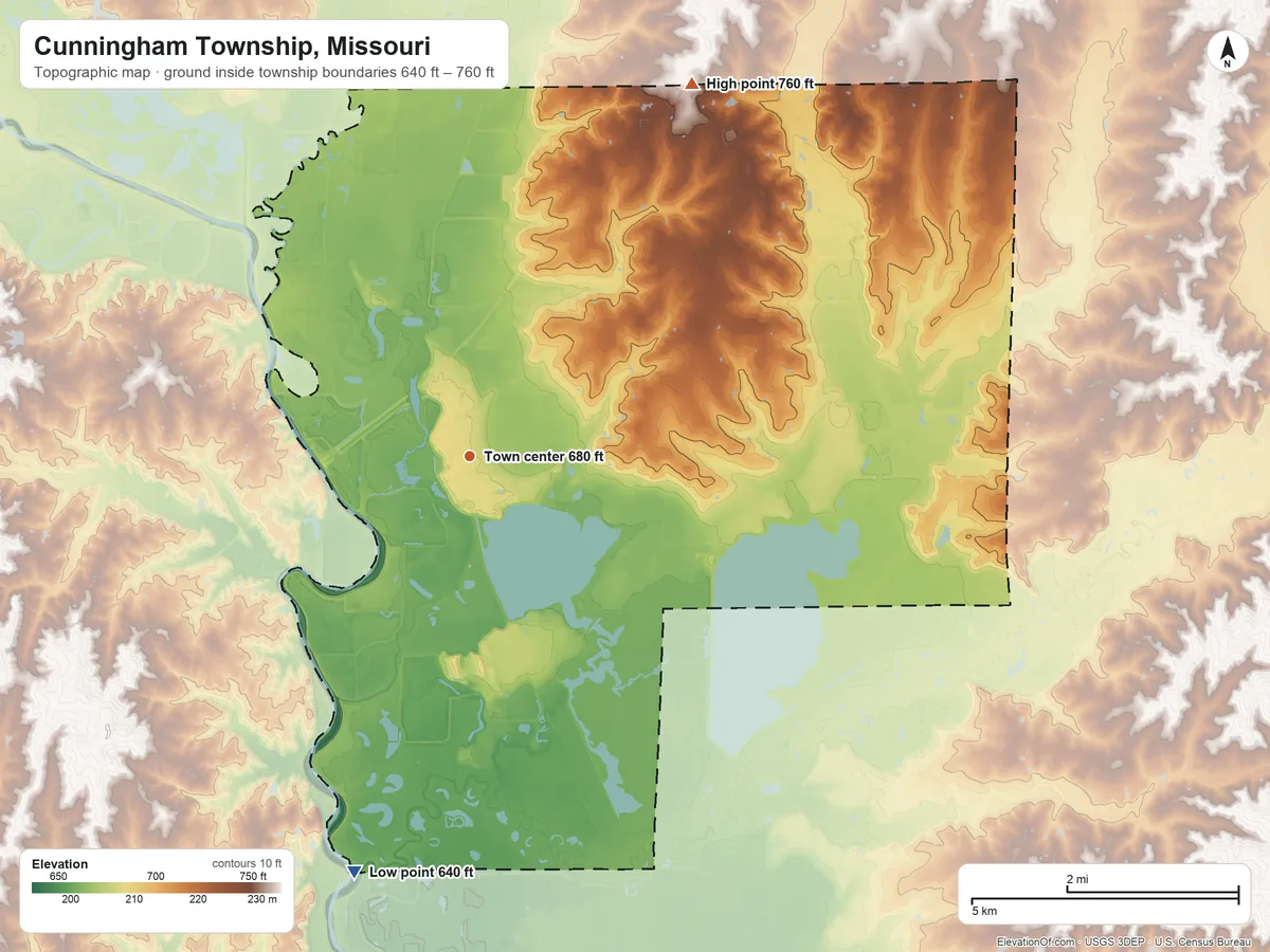 Topographic elevation map of Cunningham Township, Missouri, shaded from 640 ft on the south side to 760 ft on the northeast side