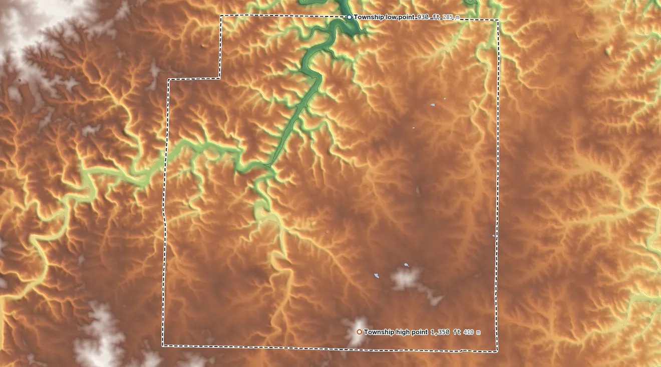 Topographic elevation map of Current Township, Missouri, shaded from 930 ft on the north side to 1,350 ft on the southwest side
