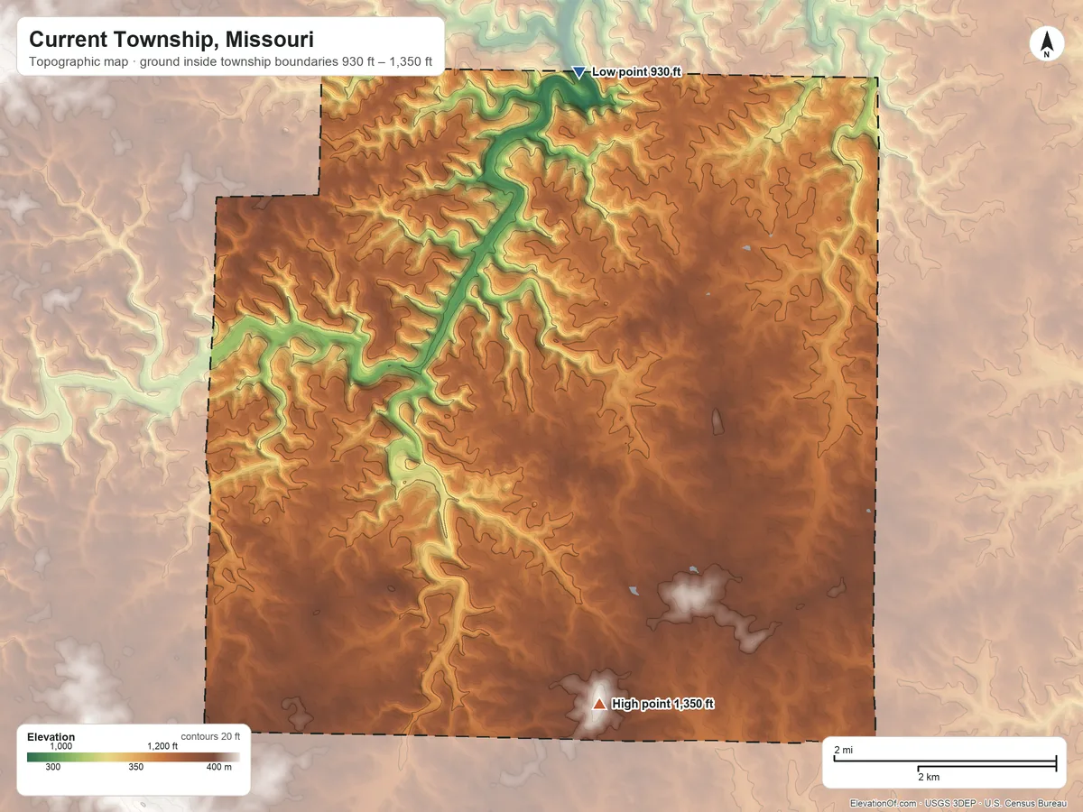 Topographic elevation map of Current Township, Missouri, shaded from 930 ft on the north side to 1,350 ft on the southwest side