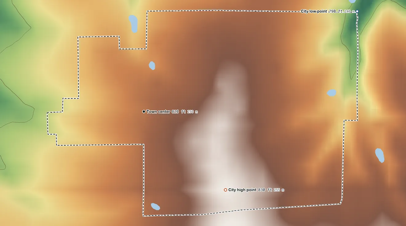 Topographic elevation map of Curryville, Missouri, shaded from 790 ft on the northeast side to 830 ft on the southeast side