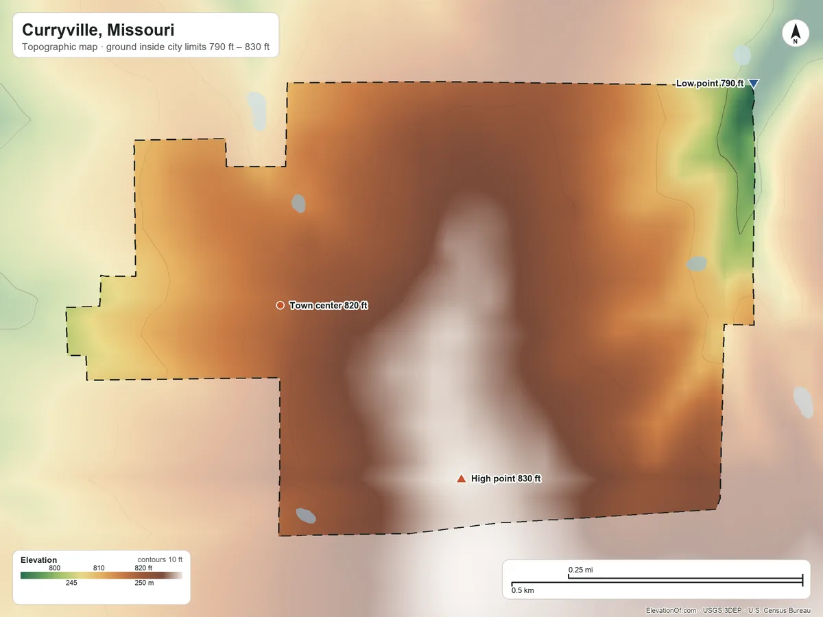 Topographic elevation map of Curryville, Missouri, shaded from 790 ft on the northeast side to 830 ft on the southeast side