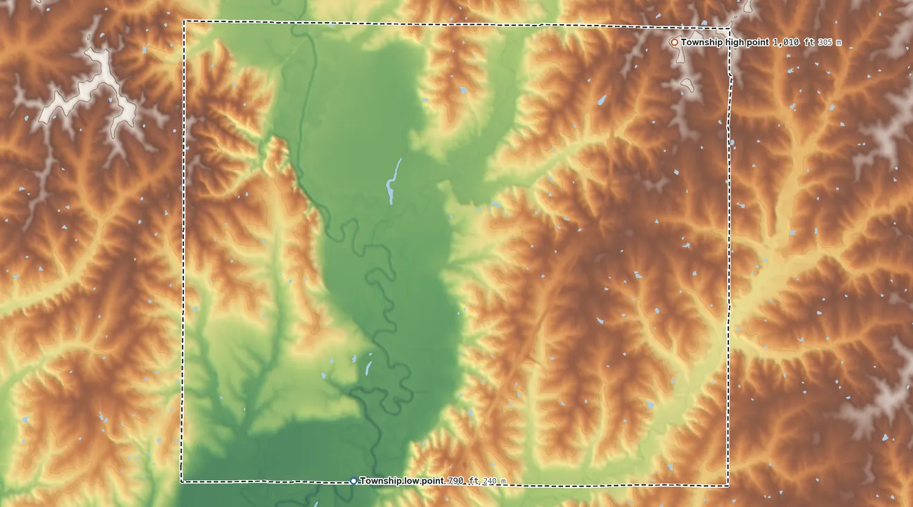 Topographic elevation map of Cypress Township, Missouri, shaded from 790 ft on the southwest side to 1,010 ft on the northeast side