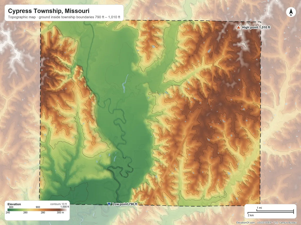 Topographic elevation map of Cypress Township, Missouri, shaded from 790 ft on the southwest side to 1,010 ft on the northeast side