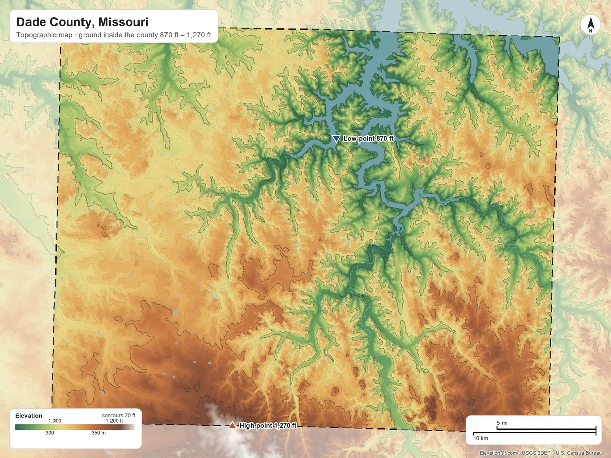 Topographic elevation map of Dade County, Missouri, shaded from 870 ft on the north side to 1,270 ft on the south side