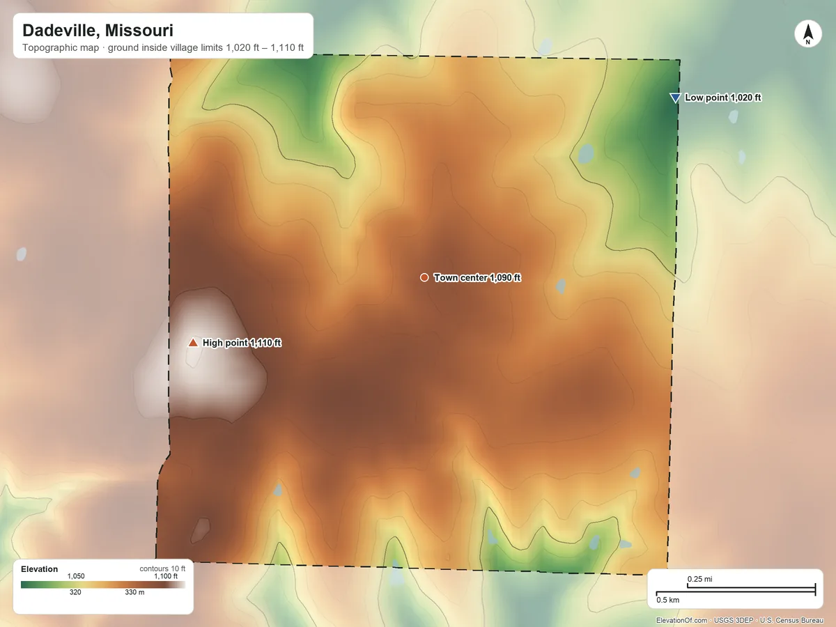 Topographic elevation map of Dadeville, Missouri, shaded from 1,020 ft on the northeast side to 1,110 ft on the west side