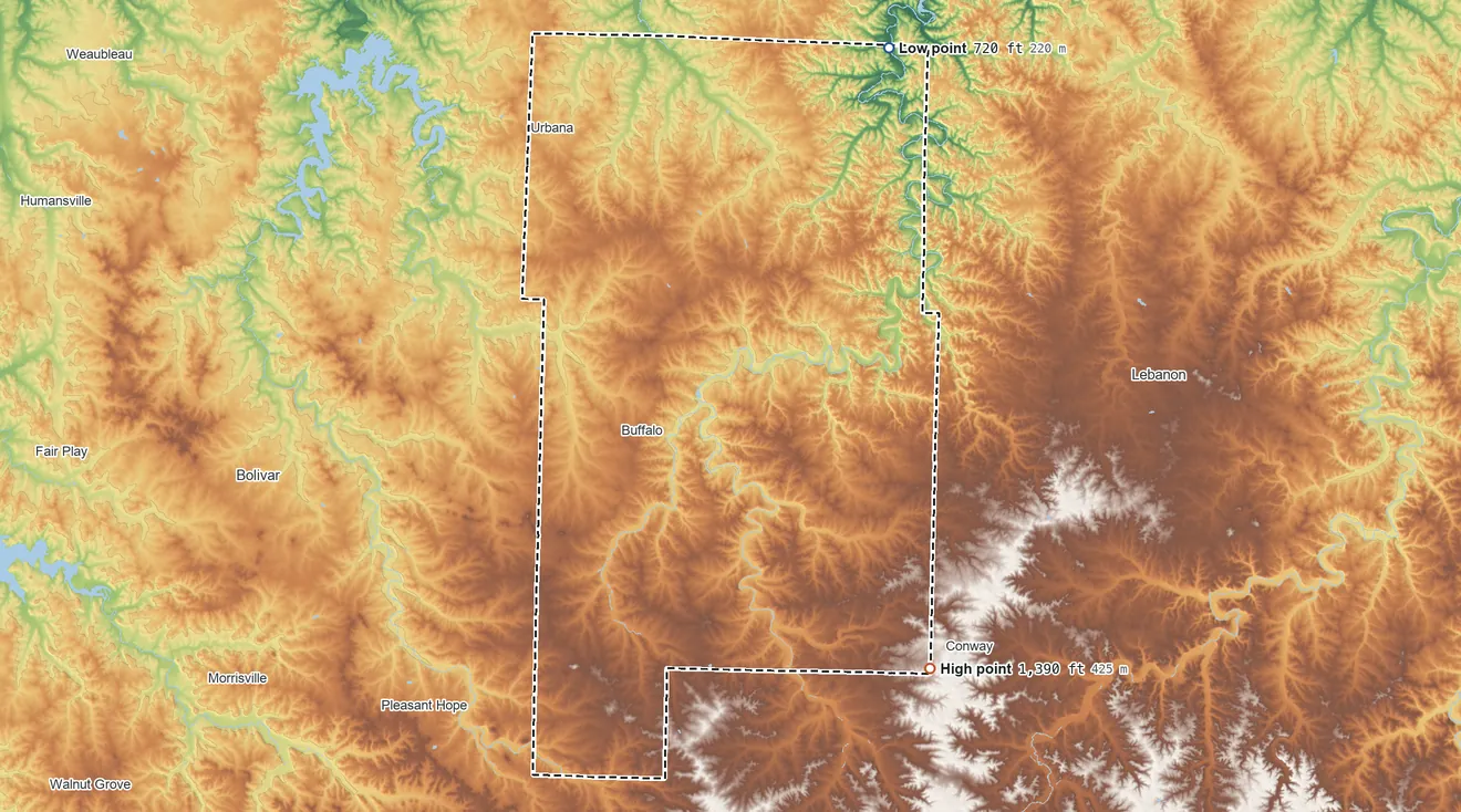 Topographic elevation map of Dallas County, Missouri, shaded from 720 ft on the northeast side to 1,390 ft on the southeast side