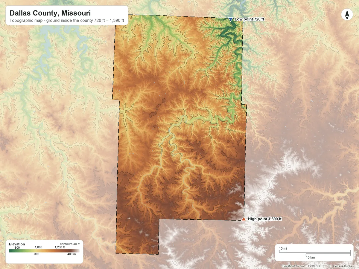 Topographic elevation map of Dallas County, Missouri, shaded from 720 ft on the northeast side to 1,390 ft on the southeast side