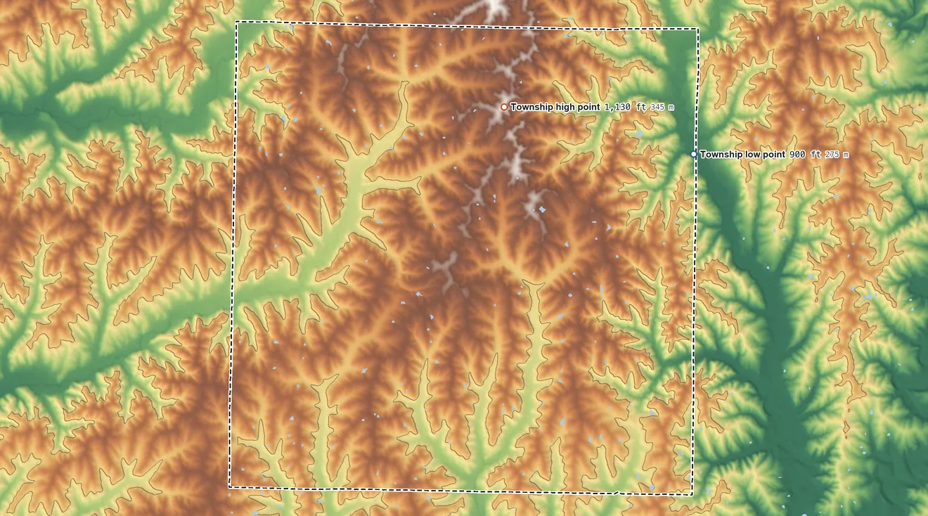 Topographic elevation map of Dallas Township, Harrison County, Missouri, shaded from 900 ft on the northeast side to 1,130 ft on the north side