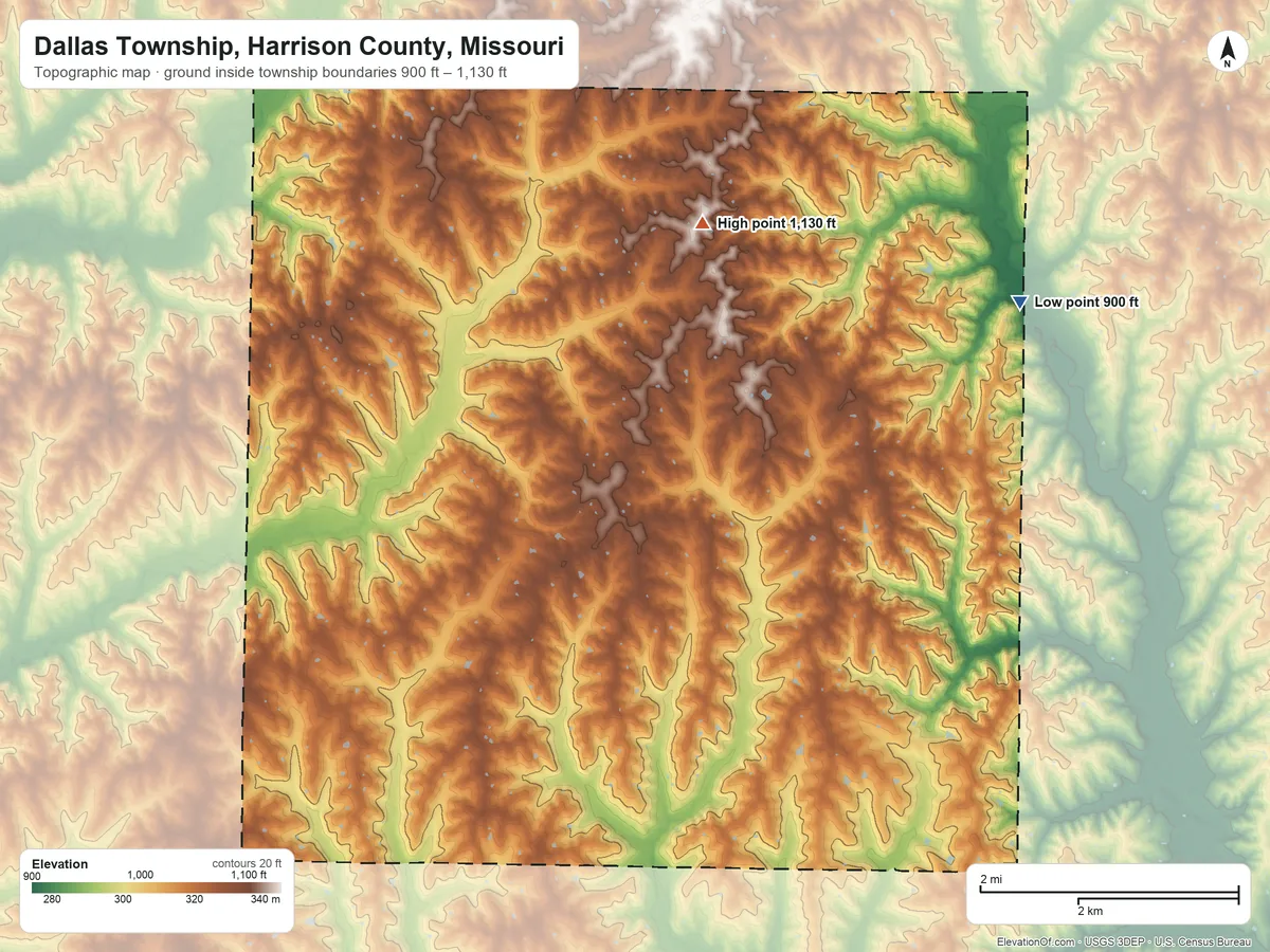Topographic elevation map of Dallas Township, Harrison County, Missouri, shaded from 900 ft on the northeast side to 1,130 ft on the north side