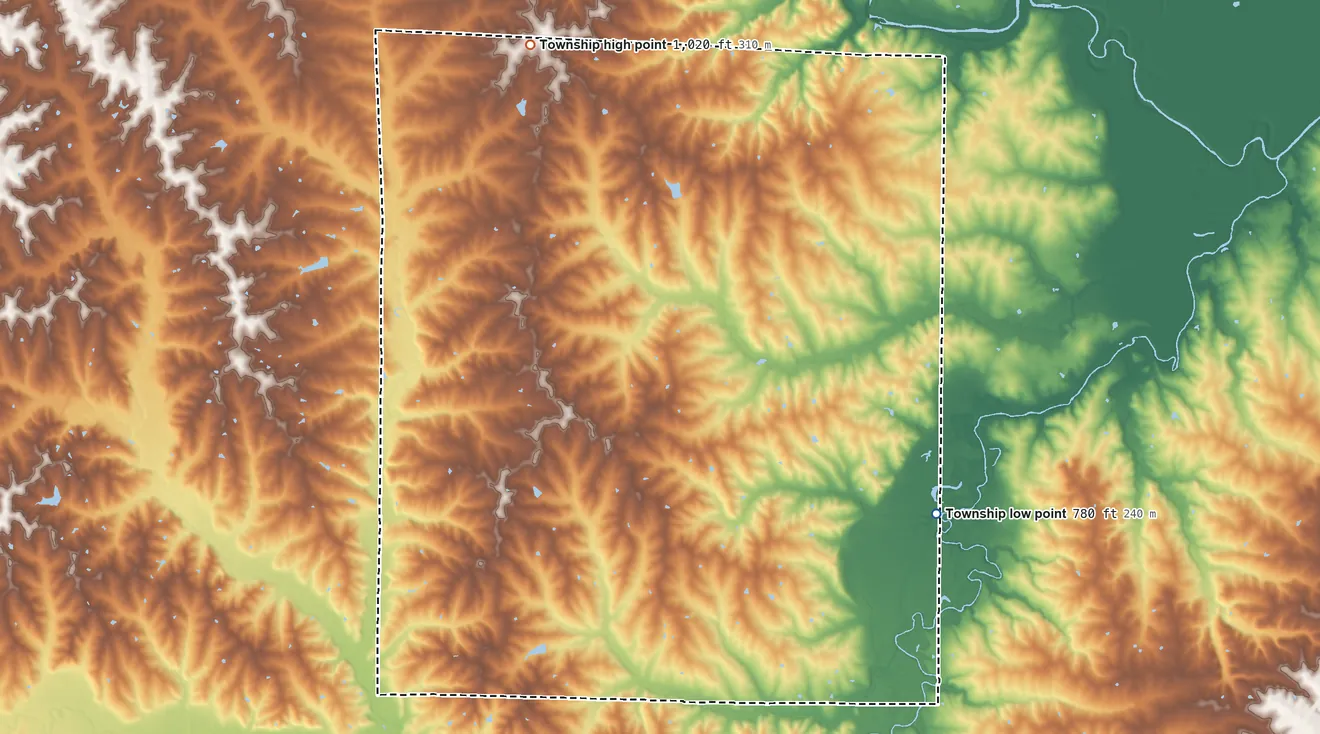 Topographic elevation map of Dallas Township, Missouri, shaded from 780 ft on the east side to 1,020 ft on the north side