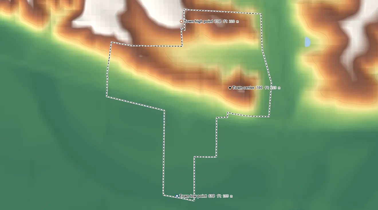 Topographic elevation map of Dalton, Missouri, shaded from 630 ft on the southwest side to 730 ft on the northwest side