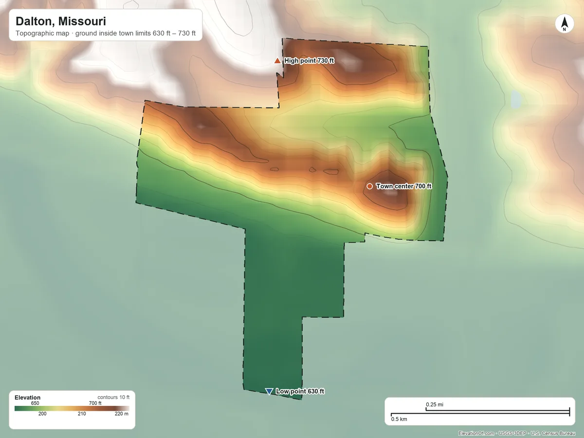 Topographic elevation map of Dalton, Missouri, shaded from 630 ft on the southwest side to 730 ft on the northwest side