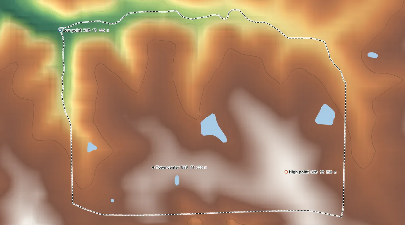 Topographic elevation map of Danville, Missouri, shaded from 740 ft on the northwest side to 820 ft on the east side