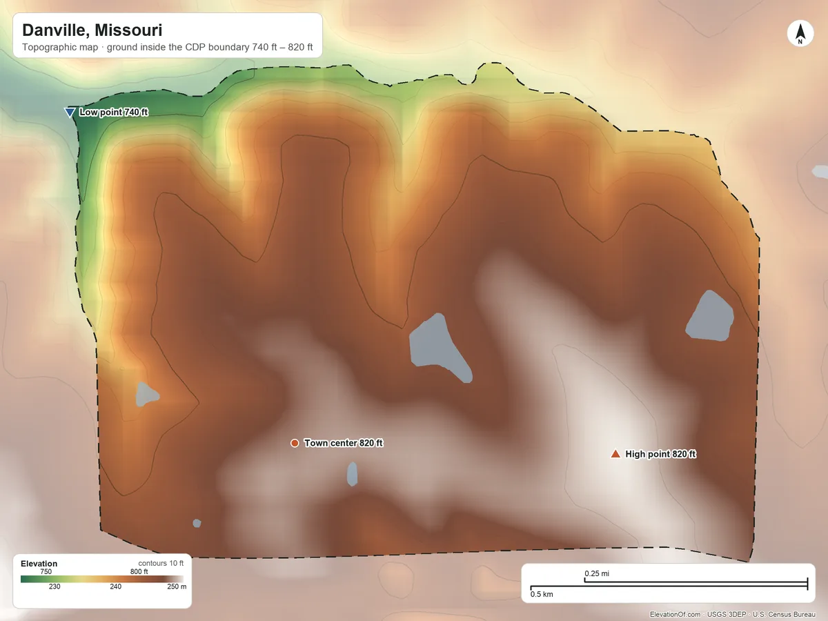 Topographic elevation map of Danville, Missouri, shaded from 740 ft on the northwest side to 820 ft on the east side