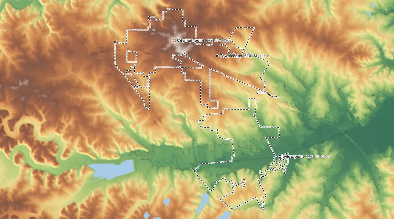 Topographic elevation map of Dardenne Prairie, Missouri, shaded from 470 ft on the southeast side to 670 ft on the west side