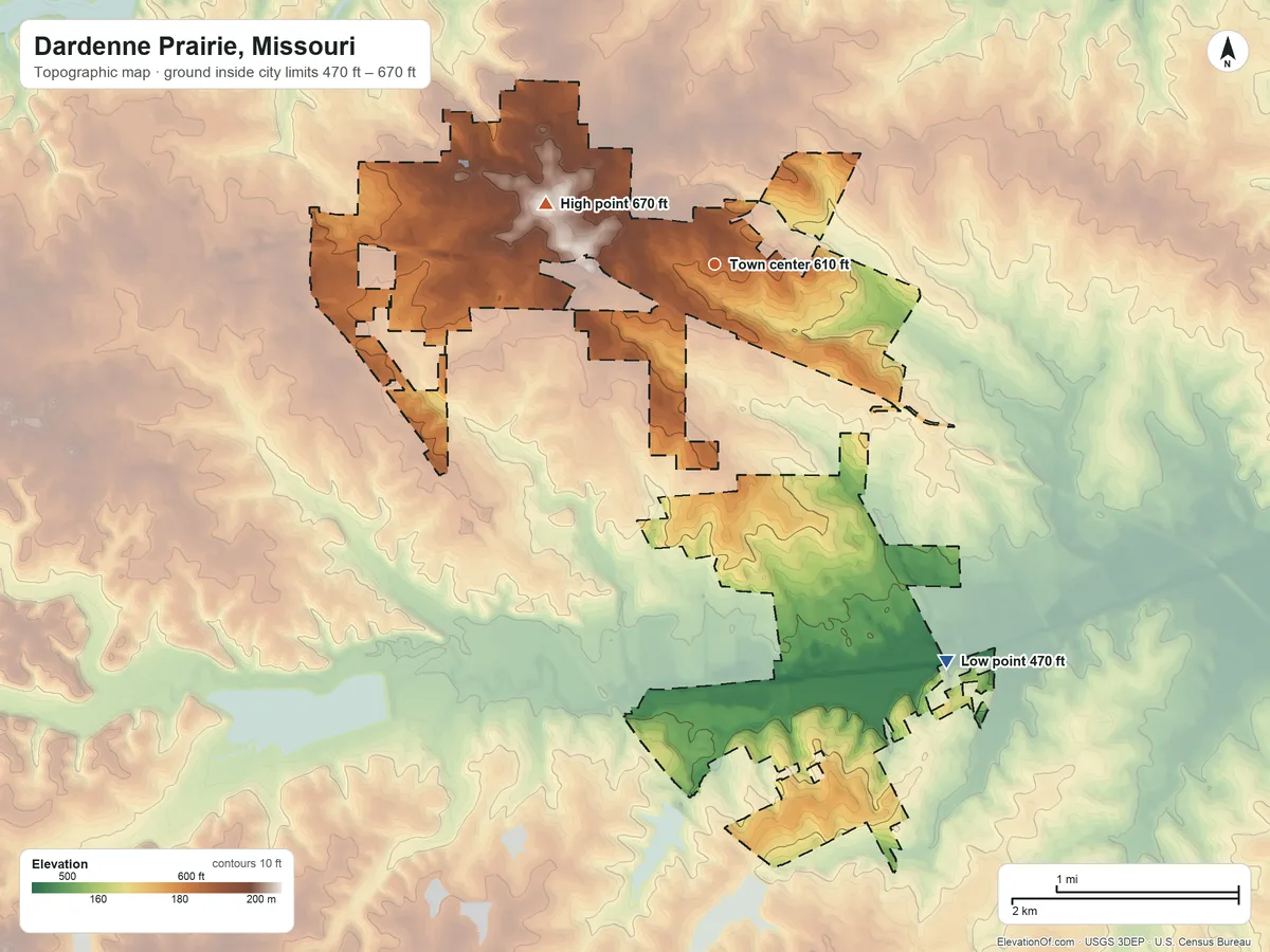 Topographic elevation map of Dardenne Prairie, Missouri, shaded from 470 ft on the southeast side to 670 ft on the west side