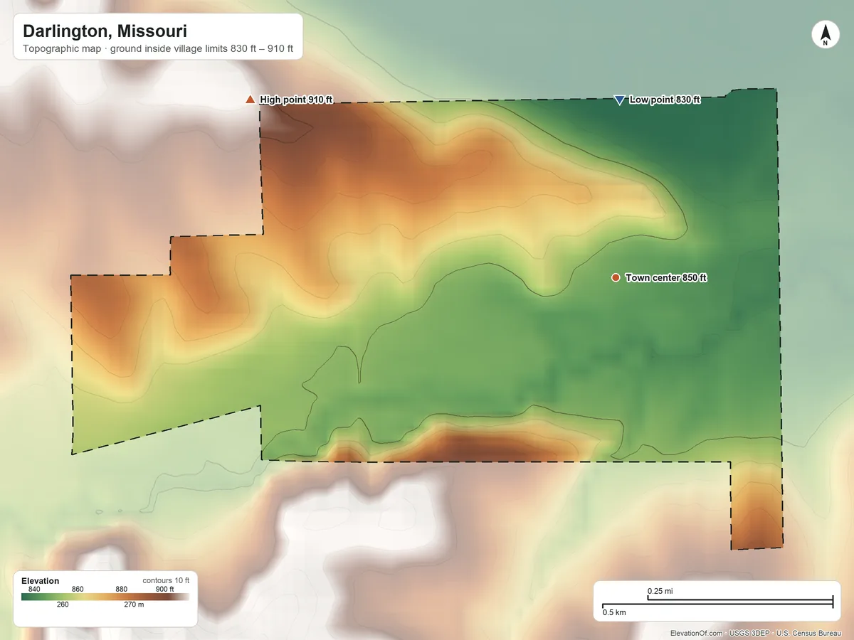 Topographic elevation map of Darlington, Missouri, shaded from 830 ft on the north side to 910 ft on the northwest side