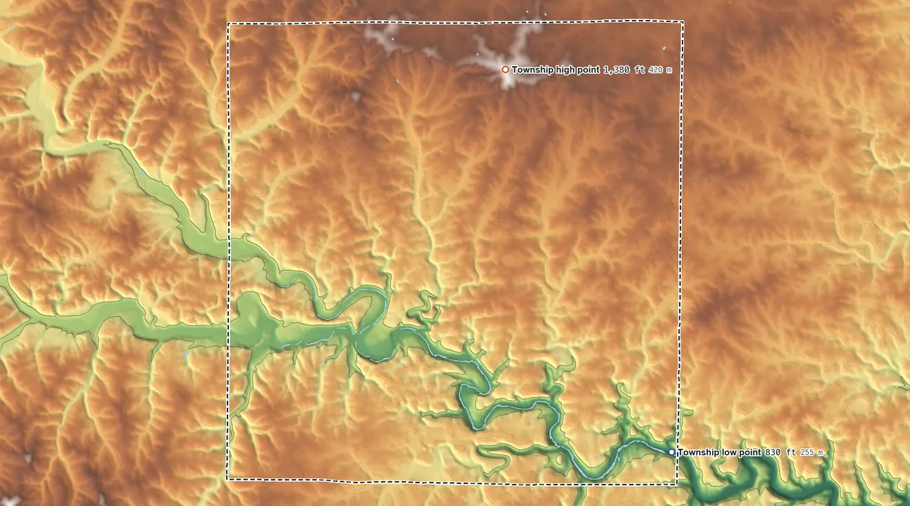 Topographic elevation map of Date Township, Missouri, shaded from 830 ft on the southeast side to 1,380 ft on the north side
