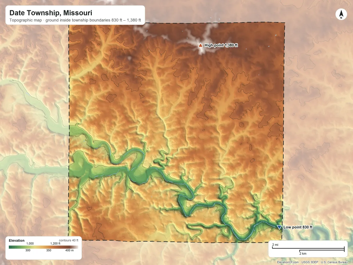 Topographic elevation map of Date Township, Missouri, shaded from 830 ft on the southeast side to 1,380 ft on the north side