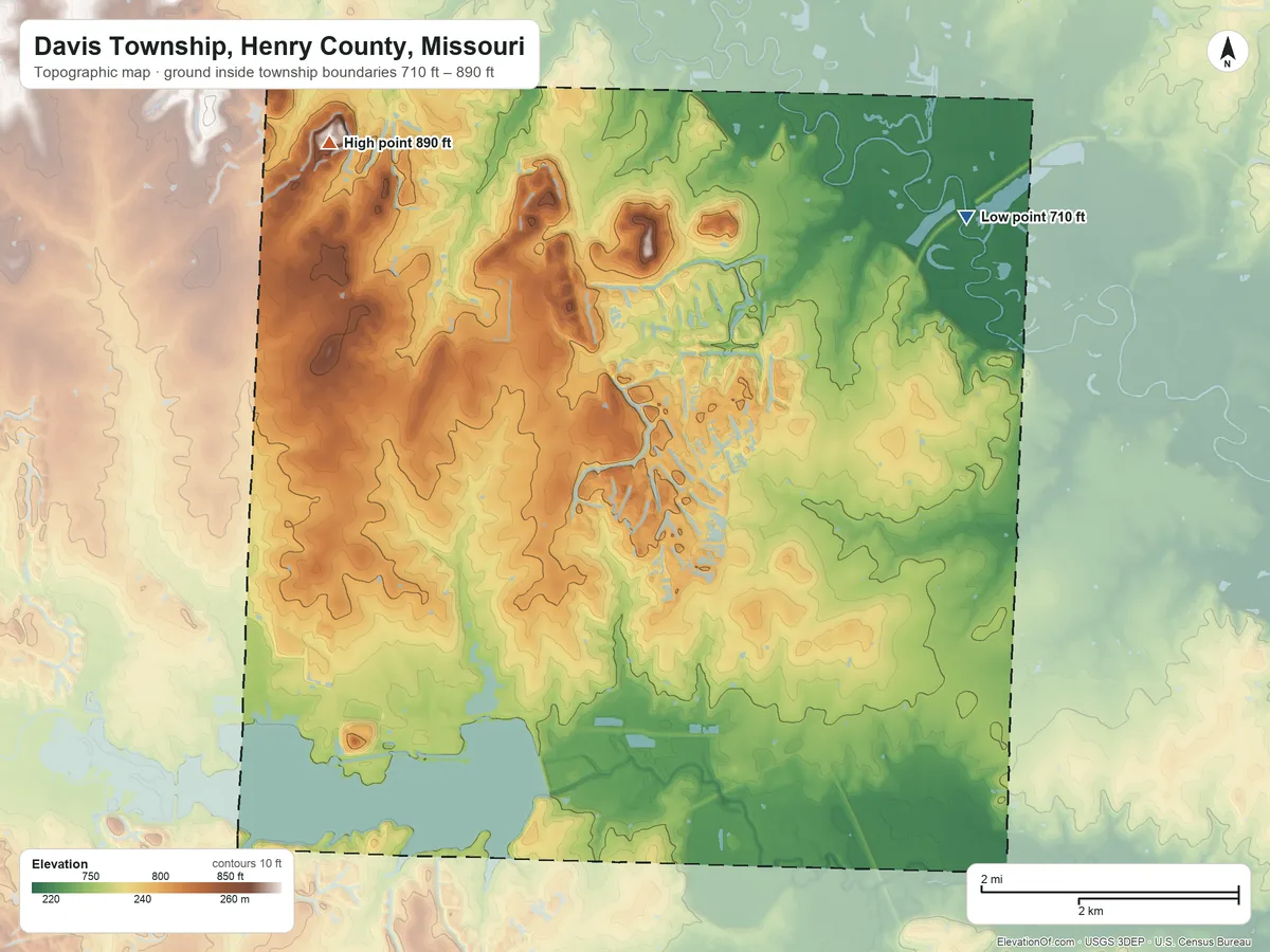 Topographic elevation map of Davis Township, Henry County, Missouri, shaded from 710 ft on the northeast side to 890 ft on the northwest side