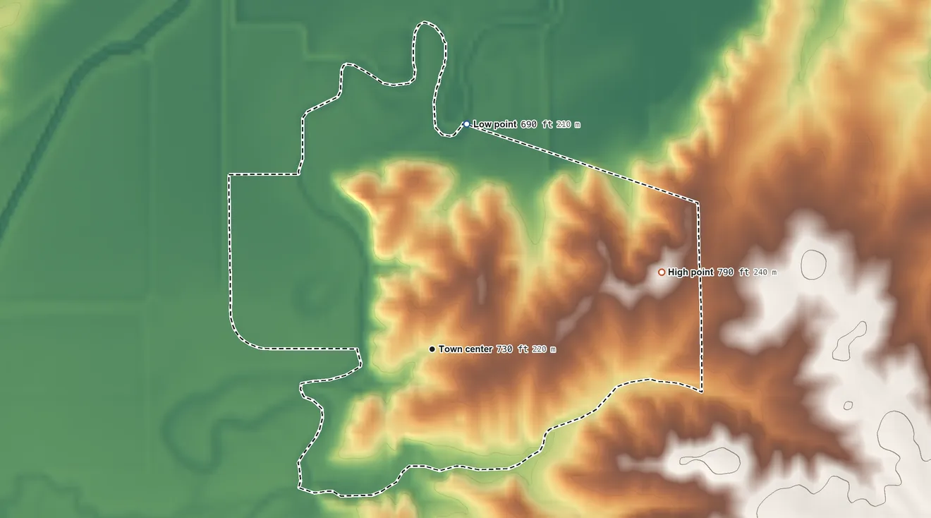Topographic elevation map of Dawn, Missouri, shaded from 690 ft on the north side to 790 ft on the east side