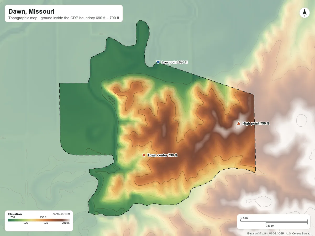 Topographic elevation map of Dawn, Missouri, shaded from 690 ft on the north side to 790 ft on the east side