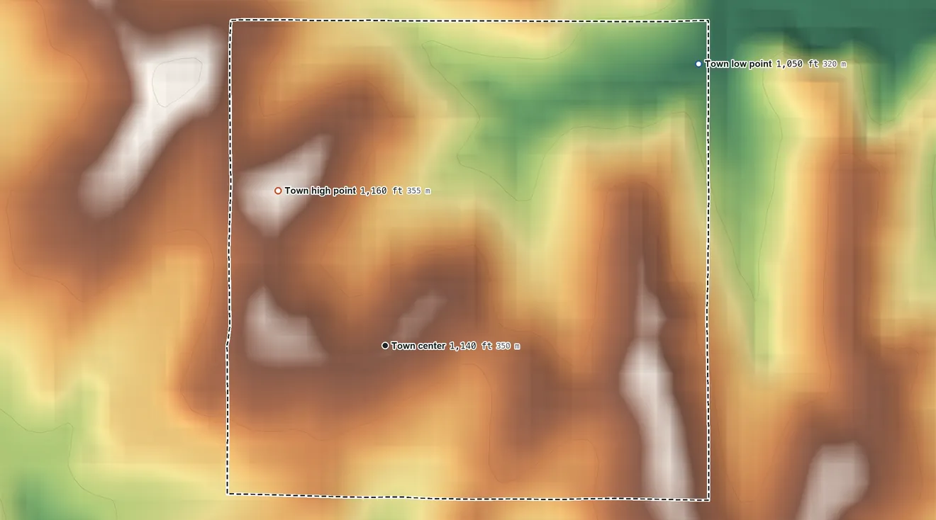Topographic elevation map of De Kalb, Missouri, shaded from 1,050 ft on the northeast side to 1,160 ft on the northwest side