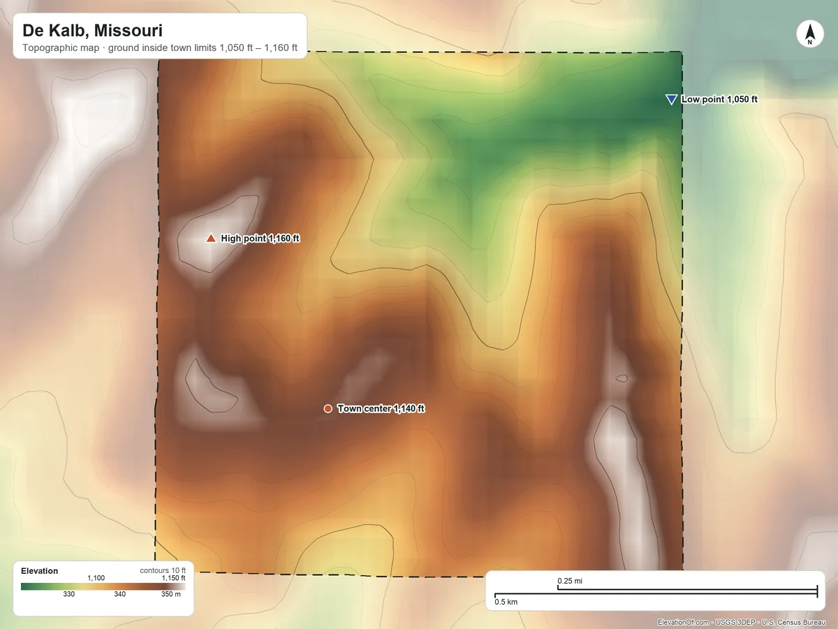 Topographic elevation map of De Kalb, Missouri, shaded from 1,050 ft on the northeast side to 1,160 ft on the northwest side