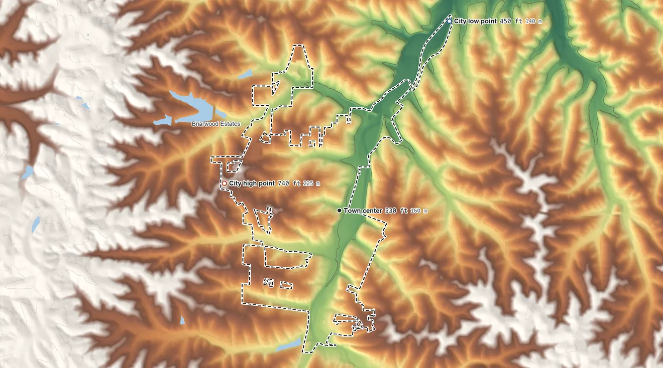 Topographic elevation map of De Soto, Missouri, shaded from 450 ft on the northeast side to 740 ft on the west side