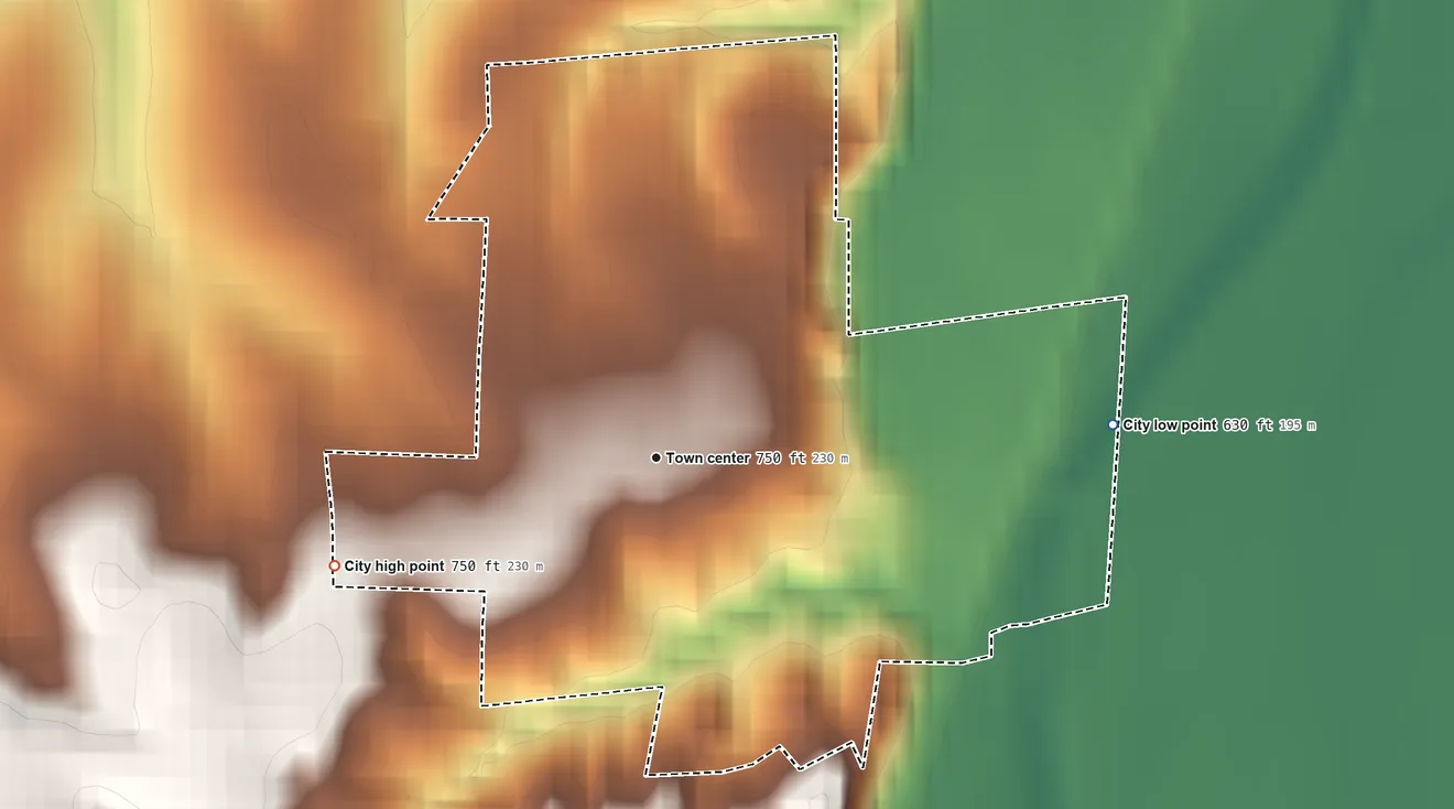 Topographic elevation map of De Witt, Missouri, shaded from 630 ft on the east side to 750 ft on the west side