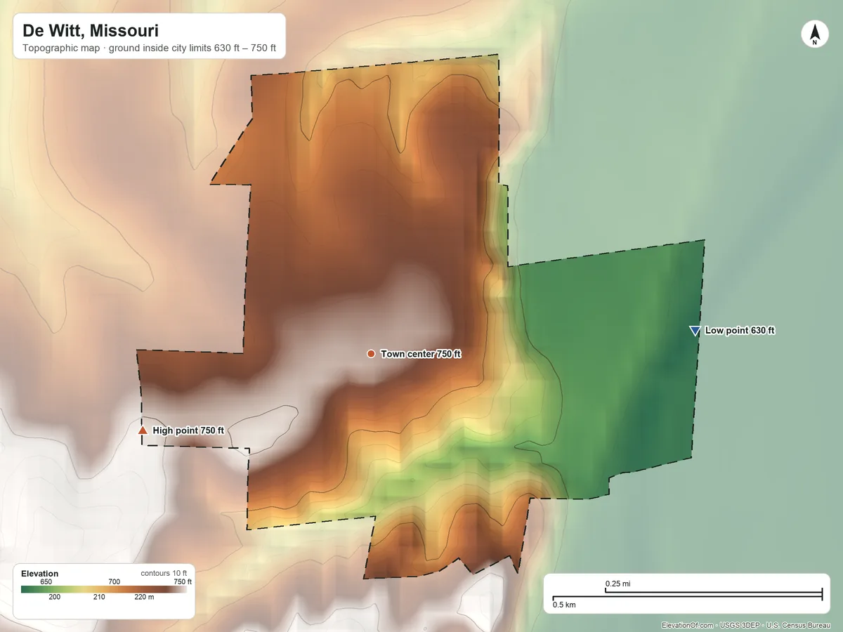 Topographic elevation map of De Witt, Missouri, shaded from 630 ft on the east side to 750 ft on the west side