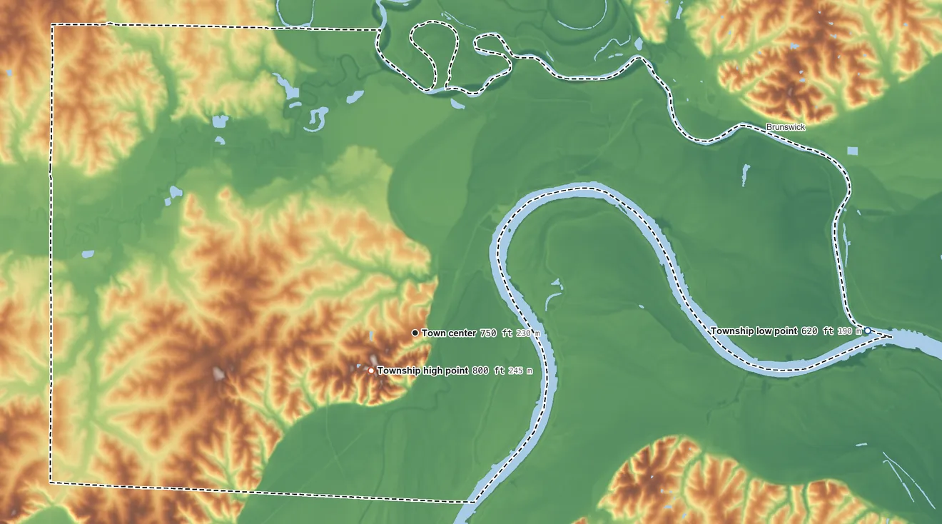 Topographic elevation map of De Witt Township, Missouri, shaded from 620 ft on the east side to 800 ft near the middle