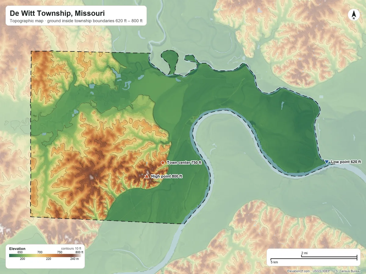 Topographic elevation map of De Witt Township, Missouri, shaded from 620 ft on the east side to 800 ft near the middle