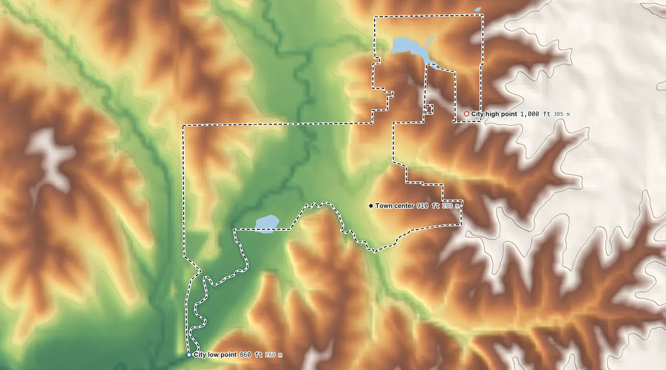 Topographic elevation map of Dearborn, Missouri, shaded from 860 ft on the southwest side to 1,000 ft on the northeast side
