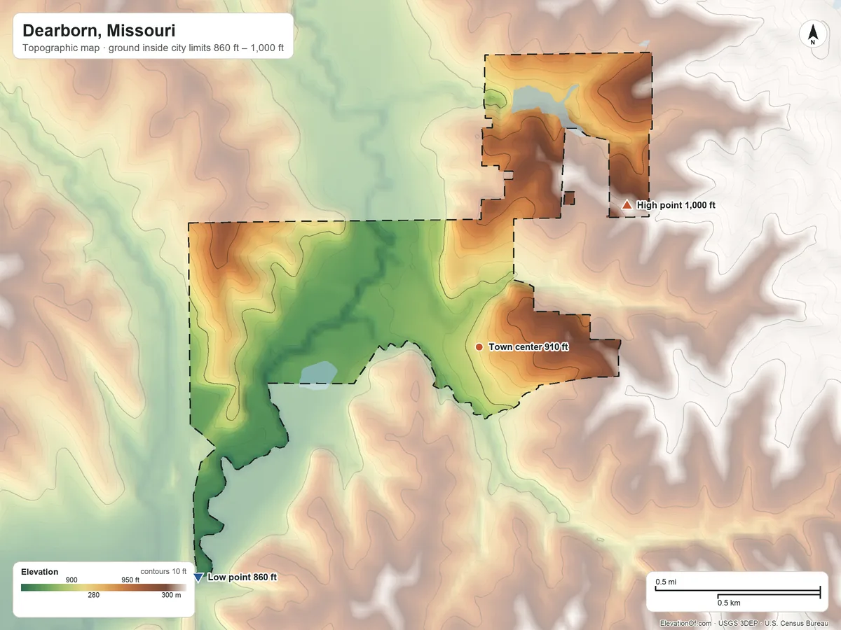 Topographic elevation map of Dearborn, Missouri, shaded from 860 ft on the southwest side to 1,000 ft on the northeast side