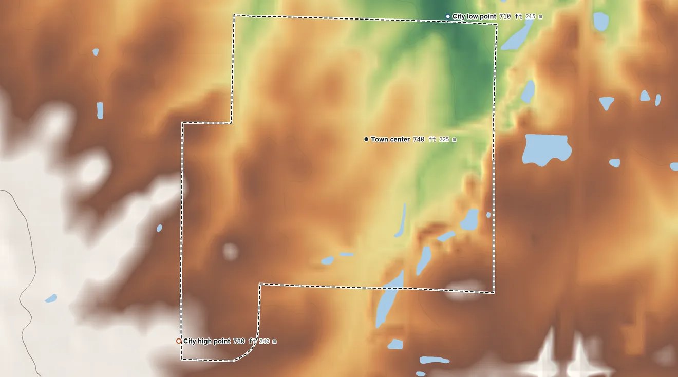 Topographic elevation map of Deepwater, Missouri, shaded from 710 ft on the northeast side to 780 ft on the southwest side