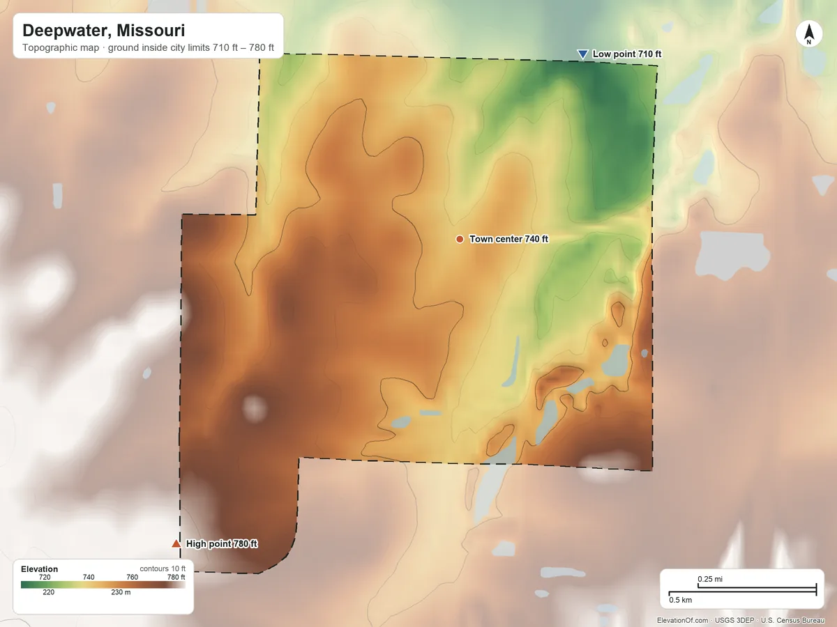 Topographic elevation map of Deepwater, Missouri, shaded from 710 ft on the northeast side to 780 ft on the southwest side