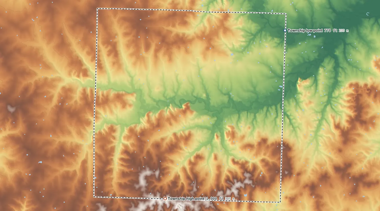 Topographic elevation map of Deepwater Township, Bates County, Missouri, shaded from 770 ft on the northeast side to 1,000 ft on the south side