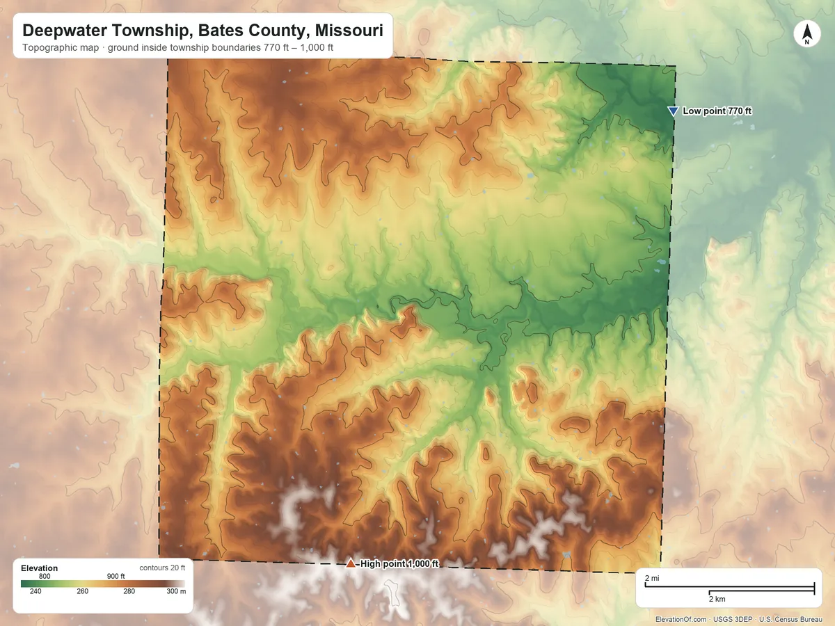 Topographic elevation map of Deepwater Township, Bates County, Missouri, shaded from 770 ft on the northeast side to 1,000 ft on the south side