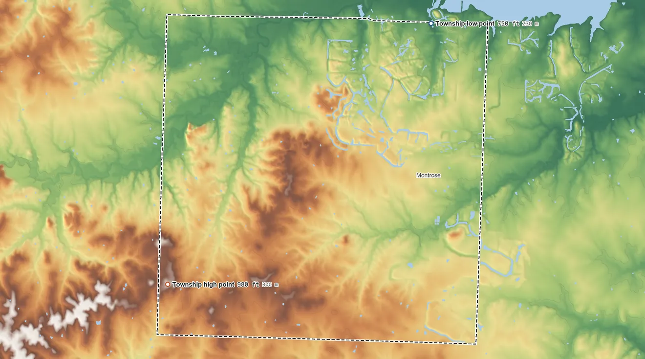 Topographic elevation map of Deepwater Township, Missouri, shaded from 750 ft on the north side to 980 ft on the southwest side