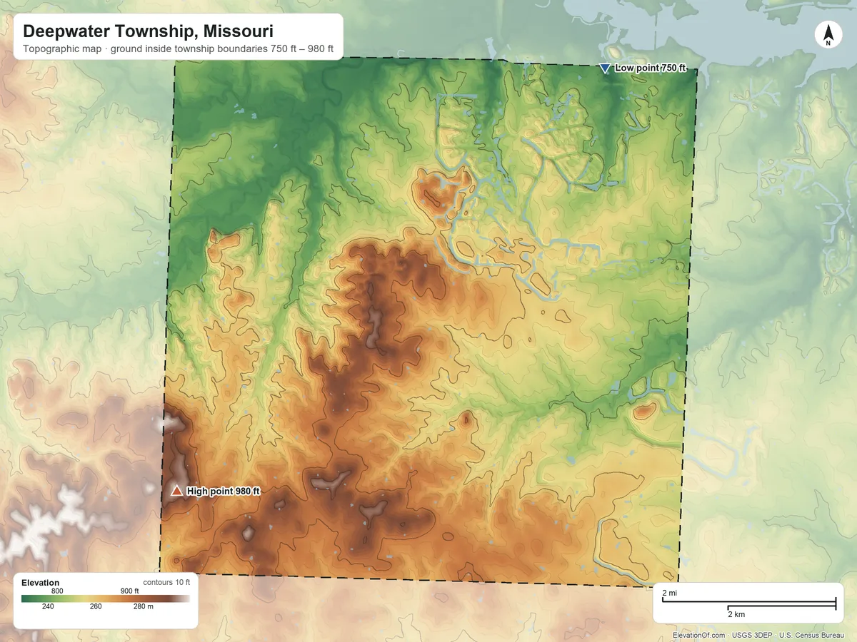 Topographic elevation map of Deepwater Township, Missouri, shaded from 750 ft on the north side to 980 ft on the southwest side