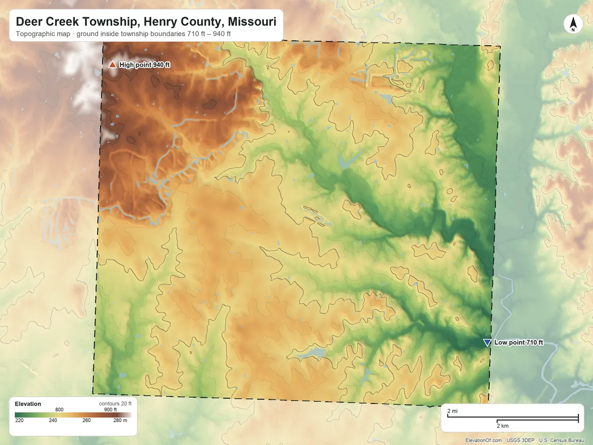 Topographic elevation map of Deer Creek Township, Henry County, Missouri, shaded from 710 ft on the east side to 940 ft on the northwest side