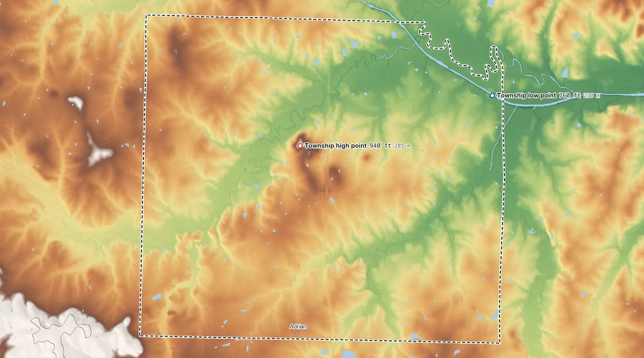 Topographic elevation map of Deer Creek Township, Missouri, shaded from 760 ft on the northeast side to 940 ft on the north side