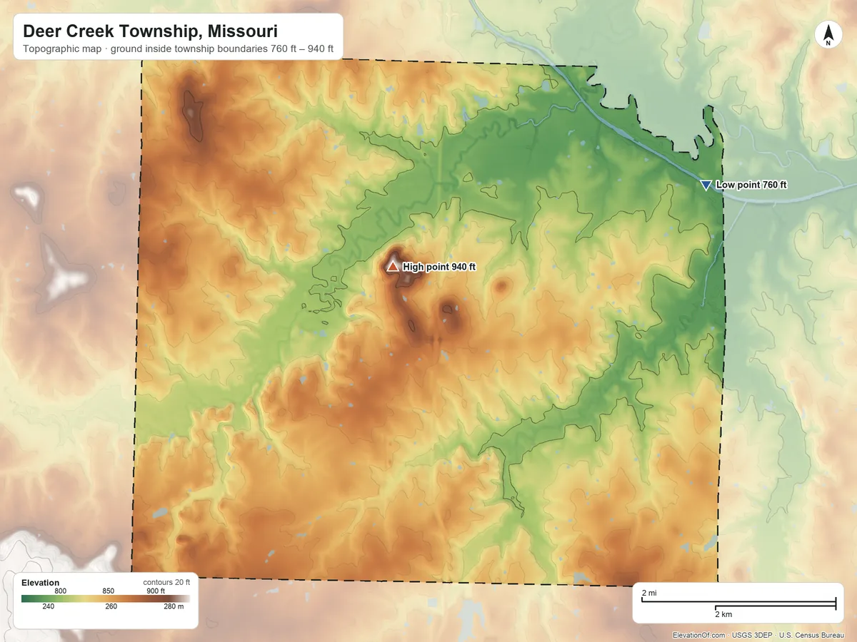 Topographic elevation map of Deer Creek Township, Missouri, shaded from 760 ft on the northeast side to 940 ft on the north side