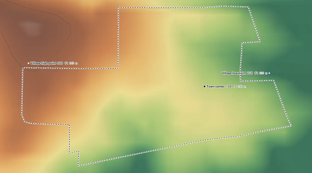 Topographic elevation map of Deerfield, Missouri, shaded from 770 ft on the east side to 800 ft on the west side