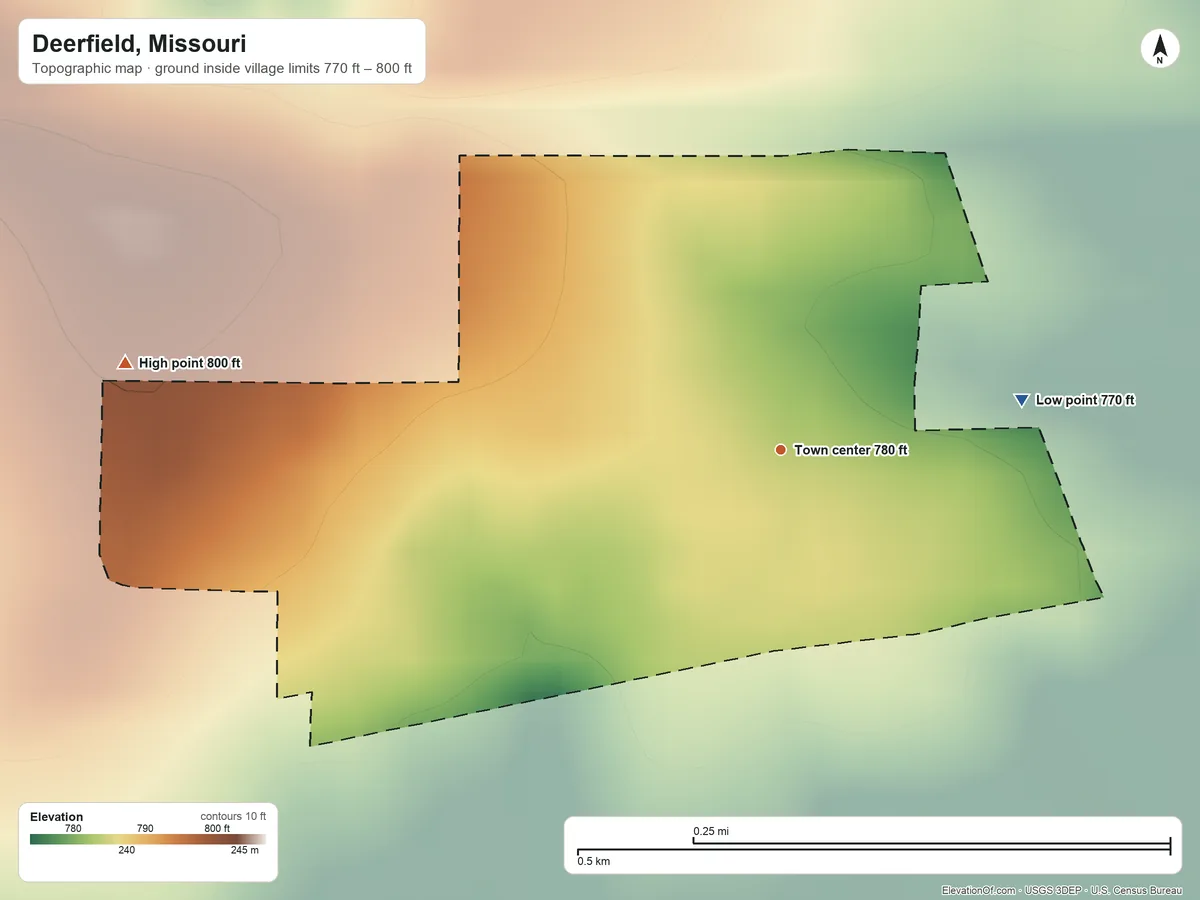 Topographic elevation map of Deerfield, Missouri, shaded from 770 ft on the east side to 800 ft on the west side