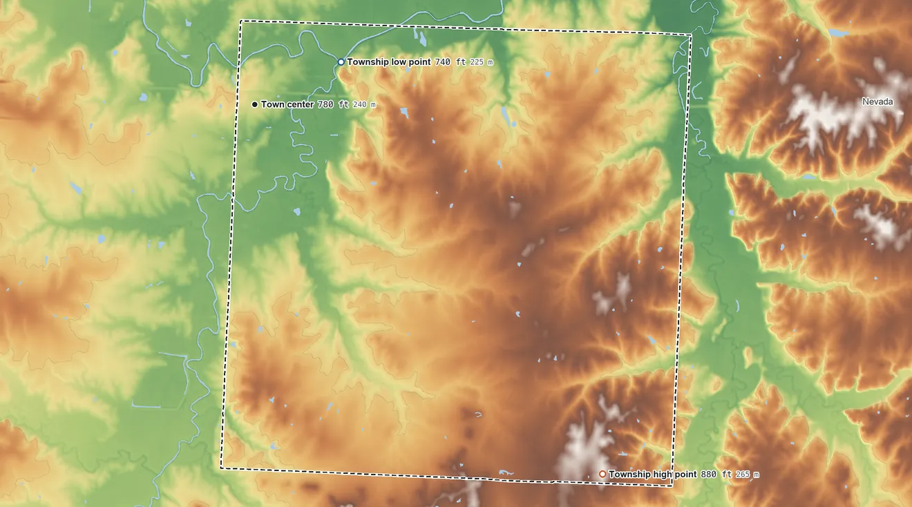 Topographic elevation map of Deerfield Township, Missouri, shaded from 740 ft on the northeast side to 880 ft on the southeast side