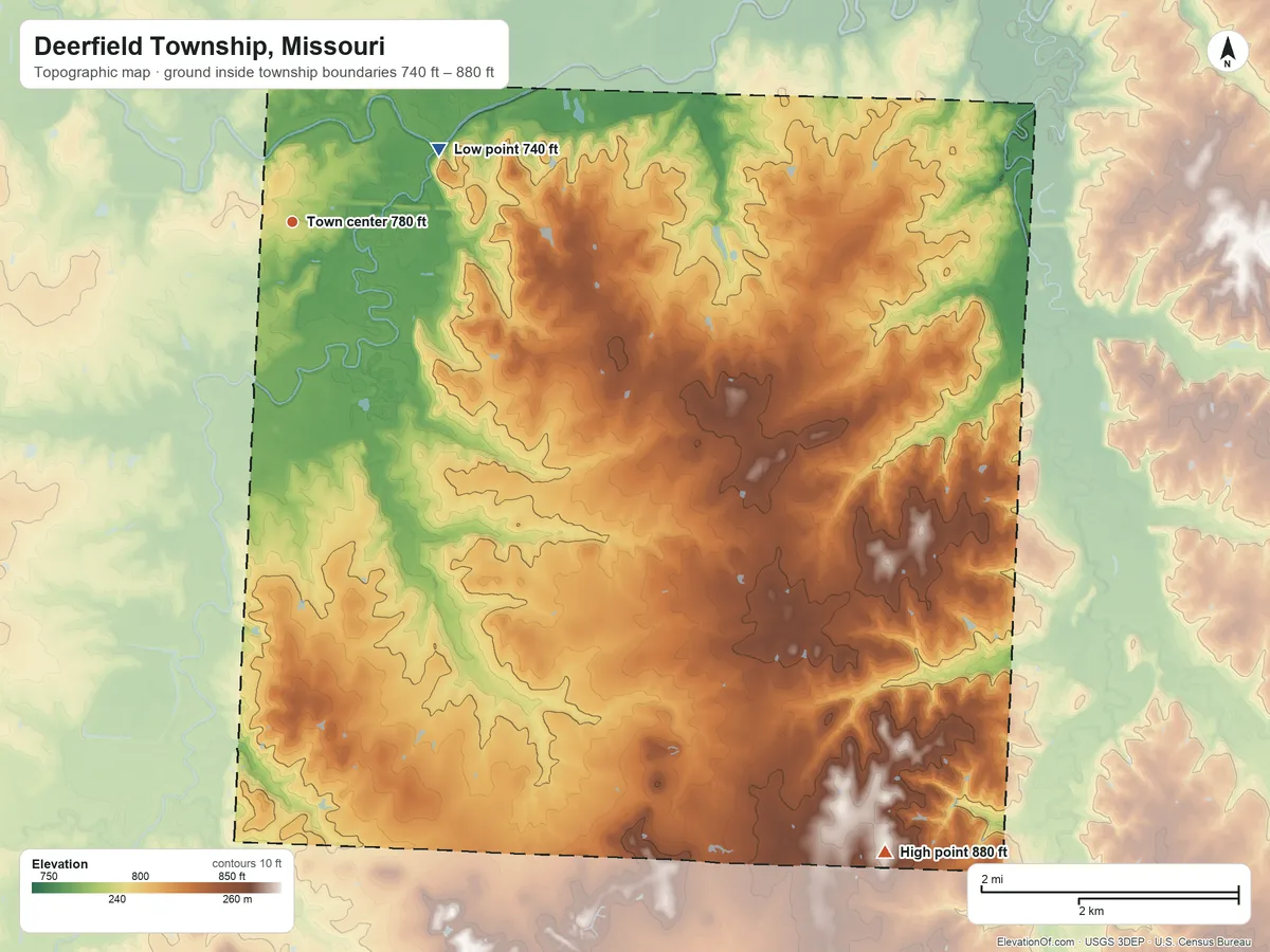 Topographic elevation map of Deerfield Township, Missouri, shaded from 740 ft on the northeast side to 880 ft on the southeast side